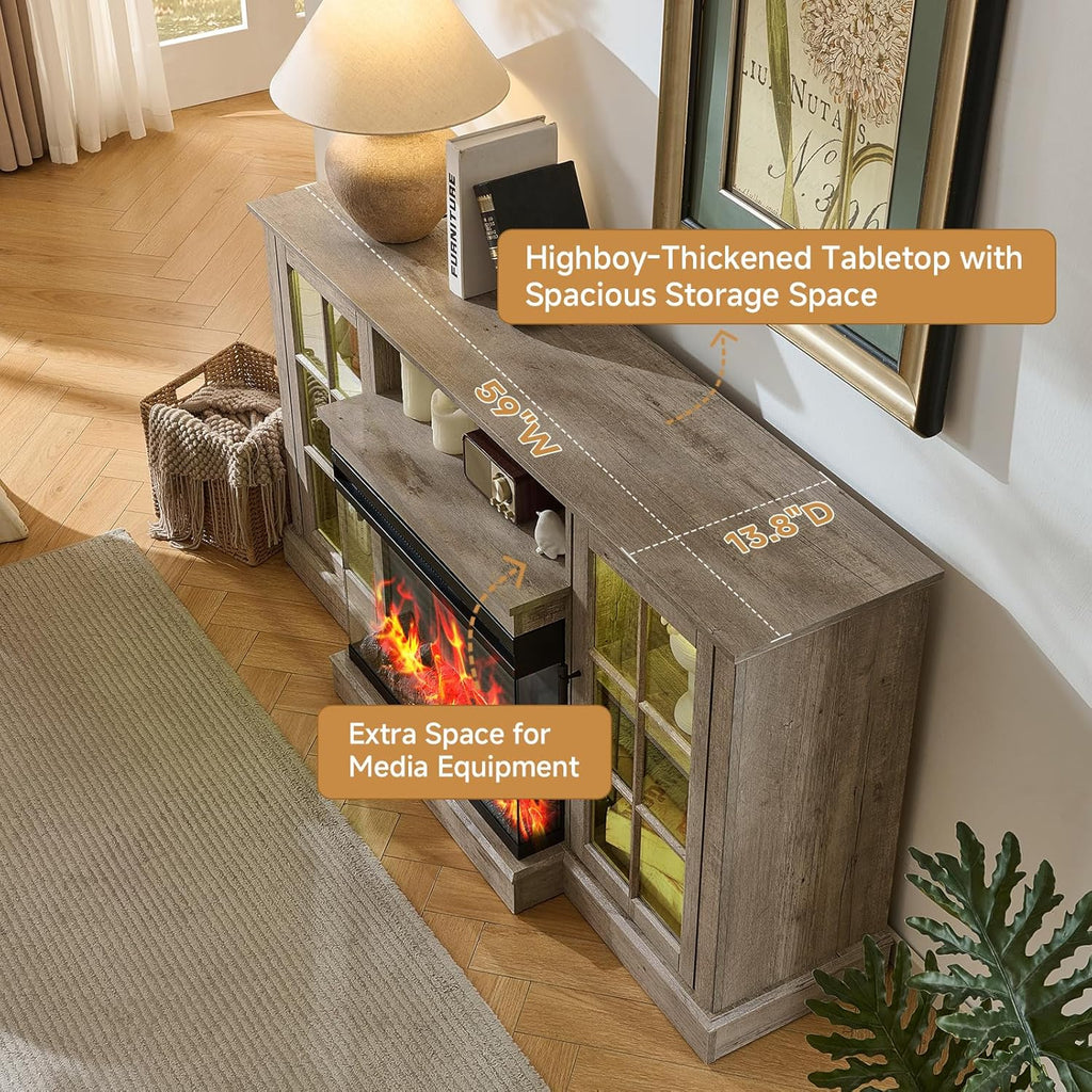 3 Sided Glass 59" Fireplace TV Stand for TVs up to 65inch, Media Entertainment Center with Glass Door Storage