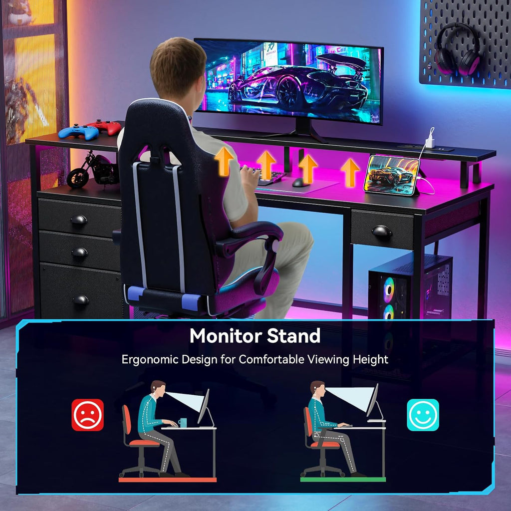 60" Black Computer Desk with 4 Drawers and Printer Space, Gaming Desk with LED Lights and USB Power Outlets