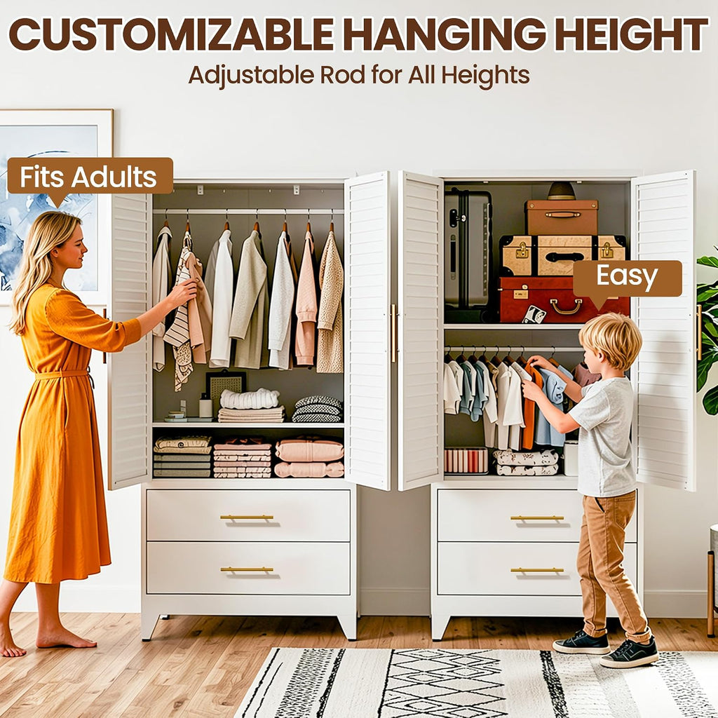 Metal Armoire Wardrobe Closet, 71" Clothing Storage Cabinets with Adjustable Hanging Rod and Shelves , Louvered