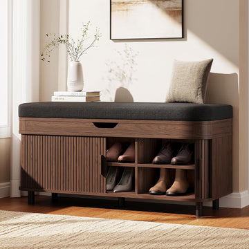43.3" Shoe Storage Bench with Lift Top Storage, Entryway Bench with Storage&Cushion, Fluted Shoe Bench with Sliding