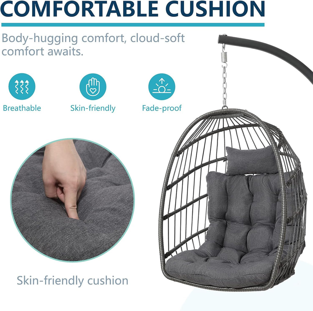 Hanging Egg Chair with Stand, Outdoor Indoor with Cushion, Wicker Hammock 350 LBS Capacity-Dark Grey