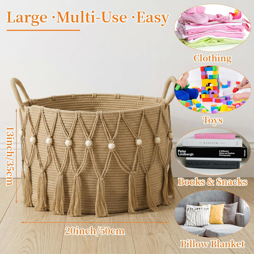 Boho Blanket Basket Laundry, 20 x 13",Beige | Woven Design, Large Decorative Basket with Bead Tassels Handles, for