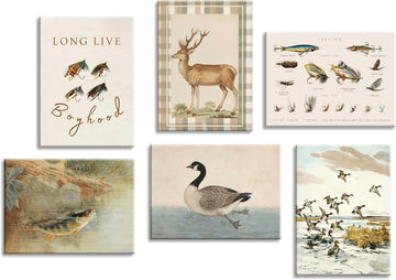 Vintage Nursery Wall Art Set of 6, Hunting Fishing Canvas Wall Decor, Deer Fish Mallard Duck Wildlife Prints for Baby