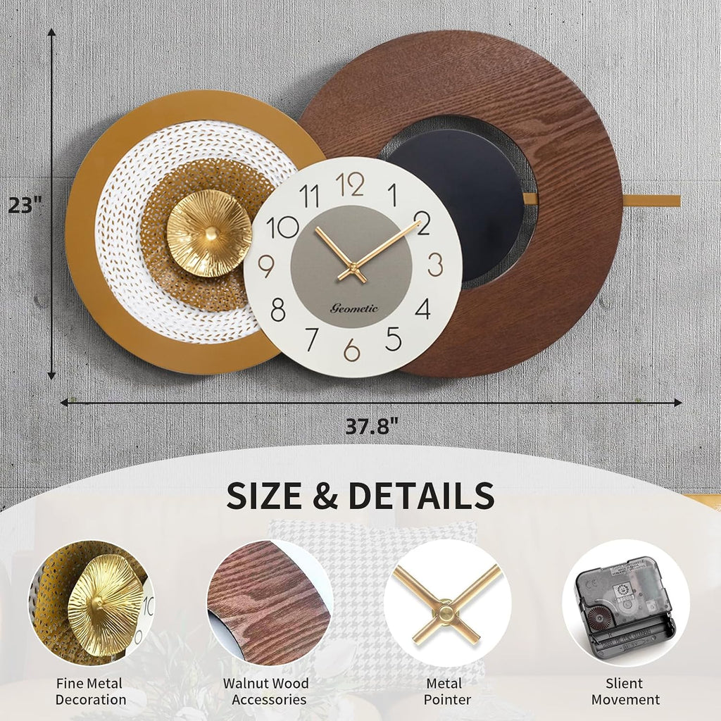 37.8x23 Inch Oversized Mid-Century Modern Wall Clock, Wood & Metal Frame, Silent Non-Ticking, Antique Brown & Gold