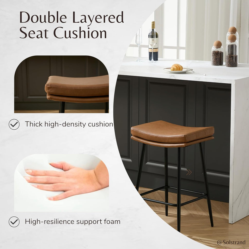 Saddle Bar Stools Set of 3,Counter Height Bar Stools Counter Farmhouse Modern Faux Leather Barstools with Upholstered