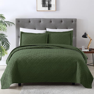 Quilt Set Quilts Olive Green 3 Piece,Lightweight Soft Coverlet Modern Style Squares Pattern Bedspread