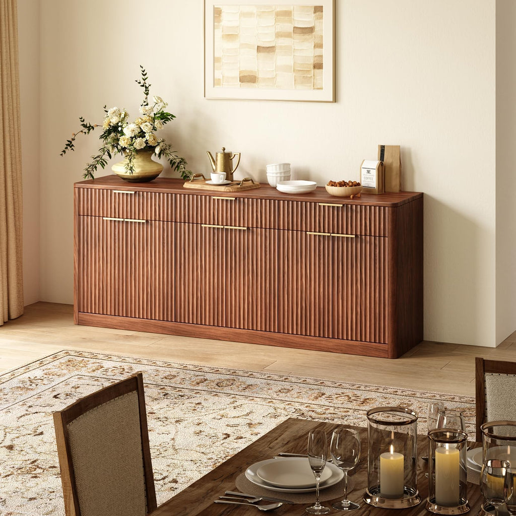 67" Fluted Walnut Sideboard Buffet Cabinet with 3 Drawers