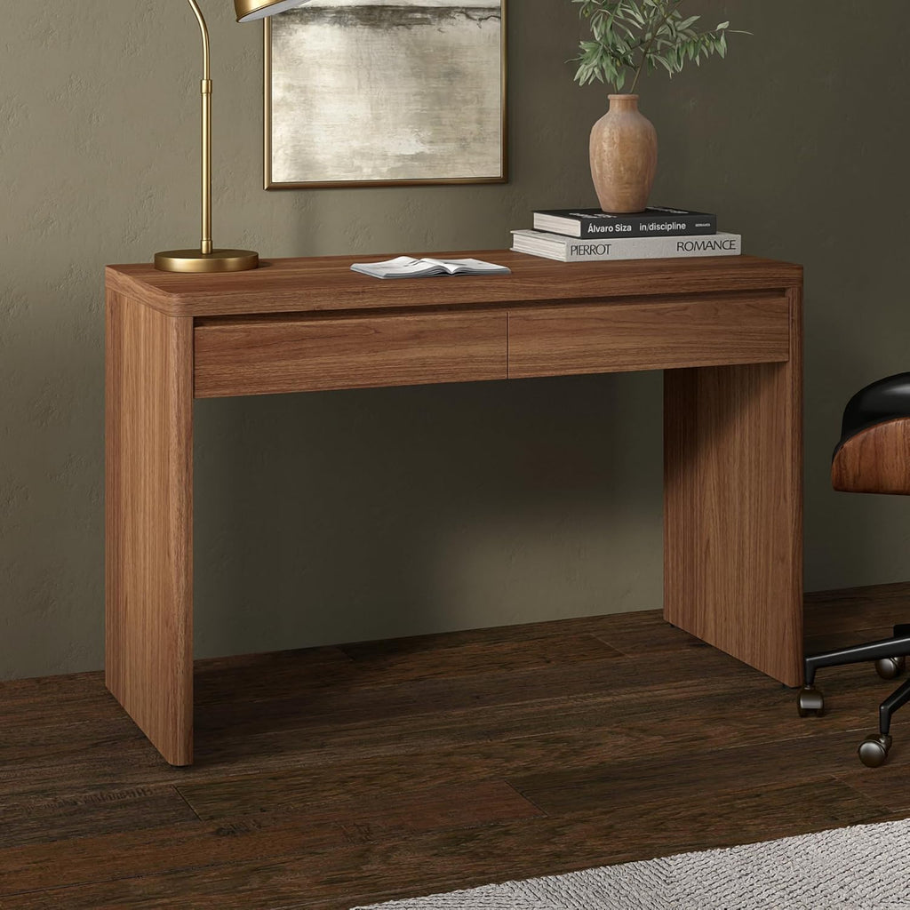 48" Modern Rectangular Wooden Home Office Desk Computer Desk Writing Table with 2 Storage Drawers, Medium Walnut