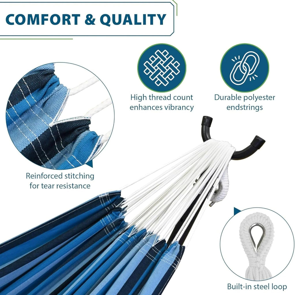Double Cotton Hammock with Space Saving Steel Stand, Upgraded Polyester End Strings 450 lb Capacity - Premium Carry