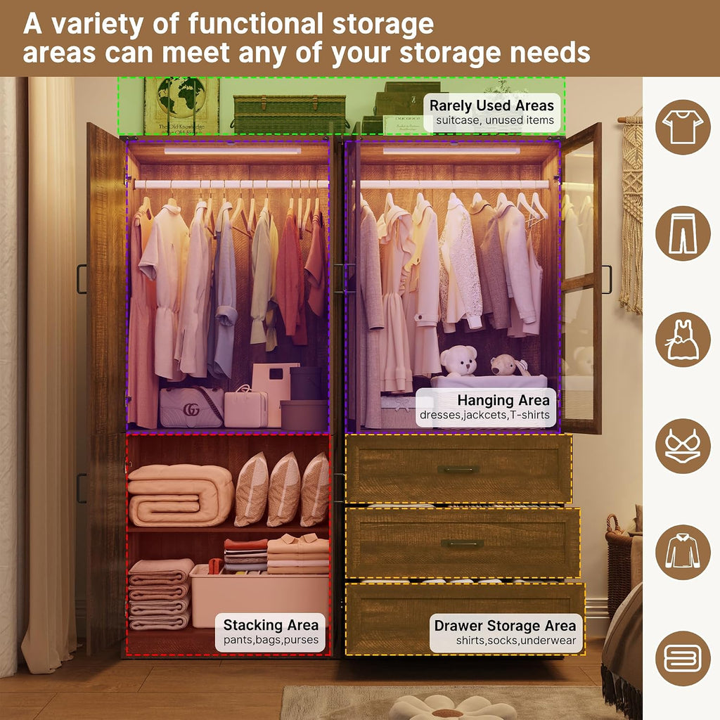 75" Tall Farmhouse 4 Doors Armoire Wardrobe Closet with 3 Drawers and LED,Freestanding Closet Wardrobe Cabinet with