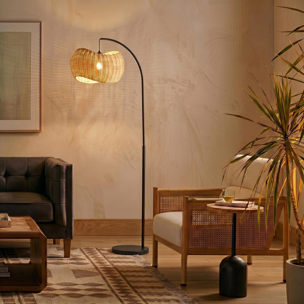 Wave Arc Floor Lamp - Chic Standing Lamp with Unique Hanging Wicker Pendant Shade, Boho Rattan Natural Decor Lamp
