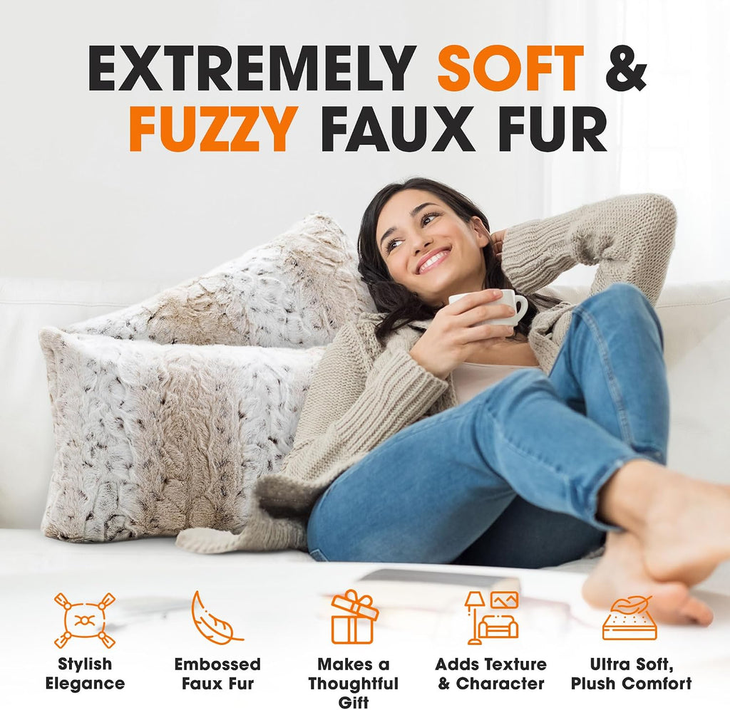 Faux Fur Throw Pillows with Inserts - Set of 2 Decorative Square Couch Pillows, 12” x 20” Snow Leopard Embossed Ombre