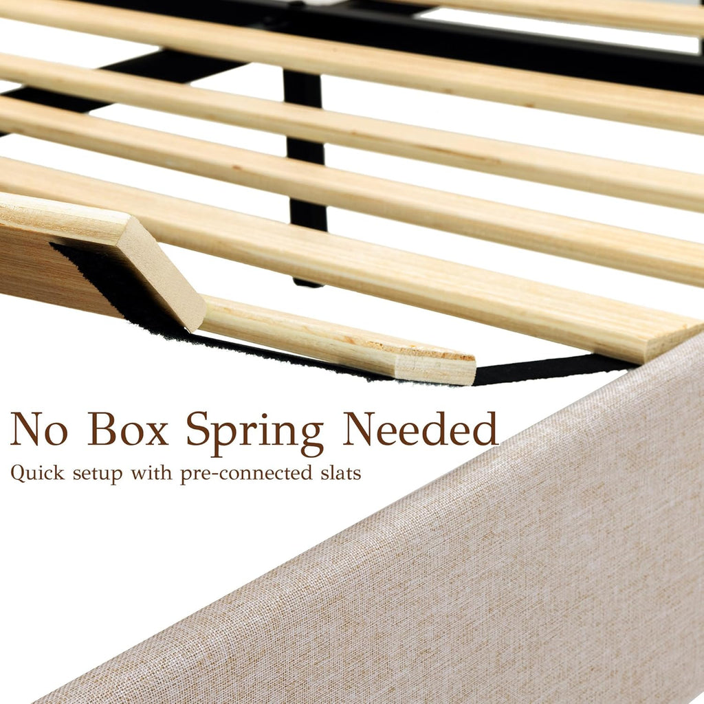 Queen Bed Frame with Headboard, Solid Wood Bed Frame Queen, Platform Bedframe Noise Free, No Box Spring Needed, Beige