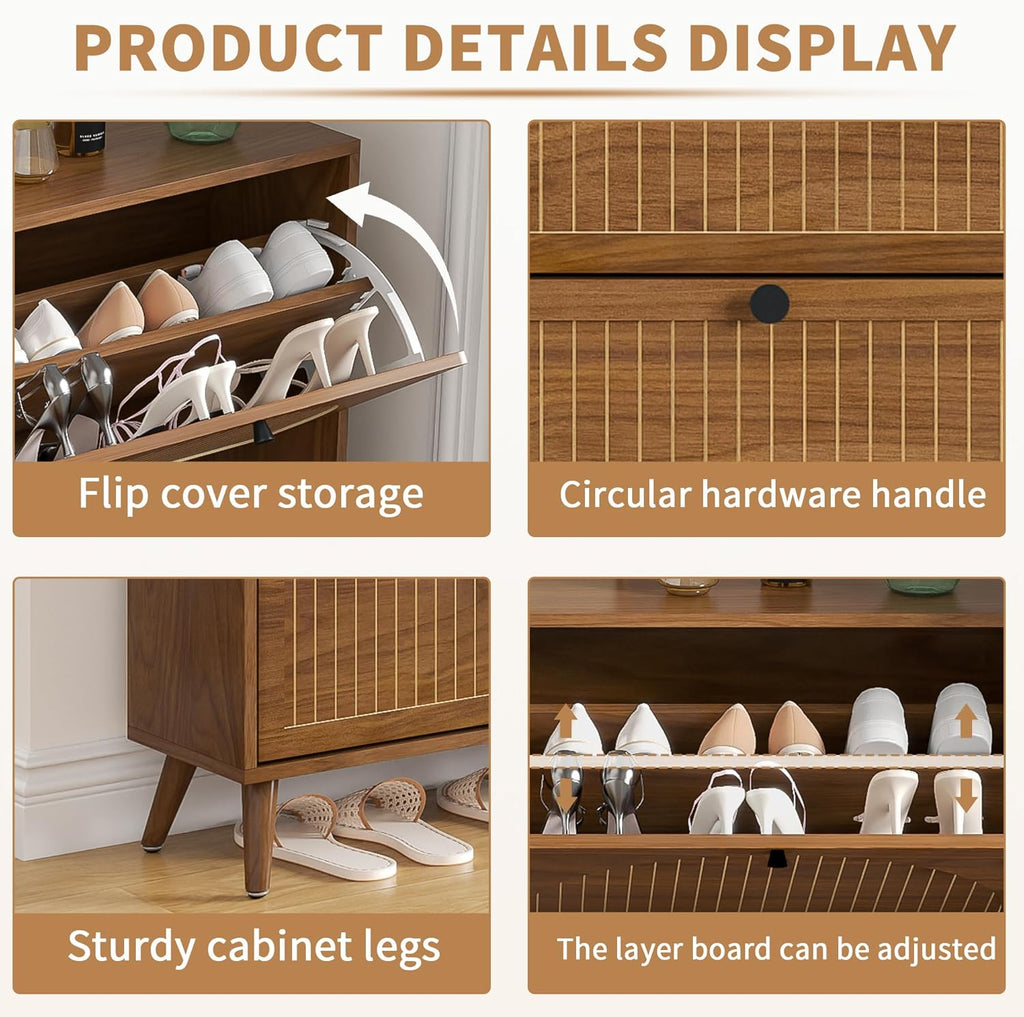 Shoe Storage Cabinet with 4 Flip Drawers, Narrow Shoe Organizer with Fluted Panel, Freestanding Wood Hidden Shoe