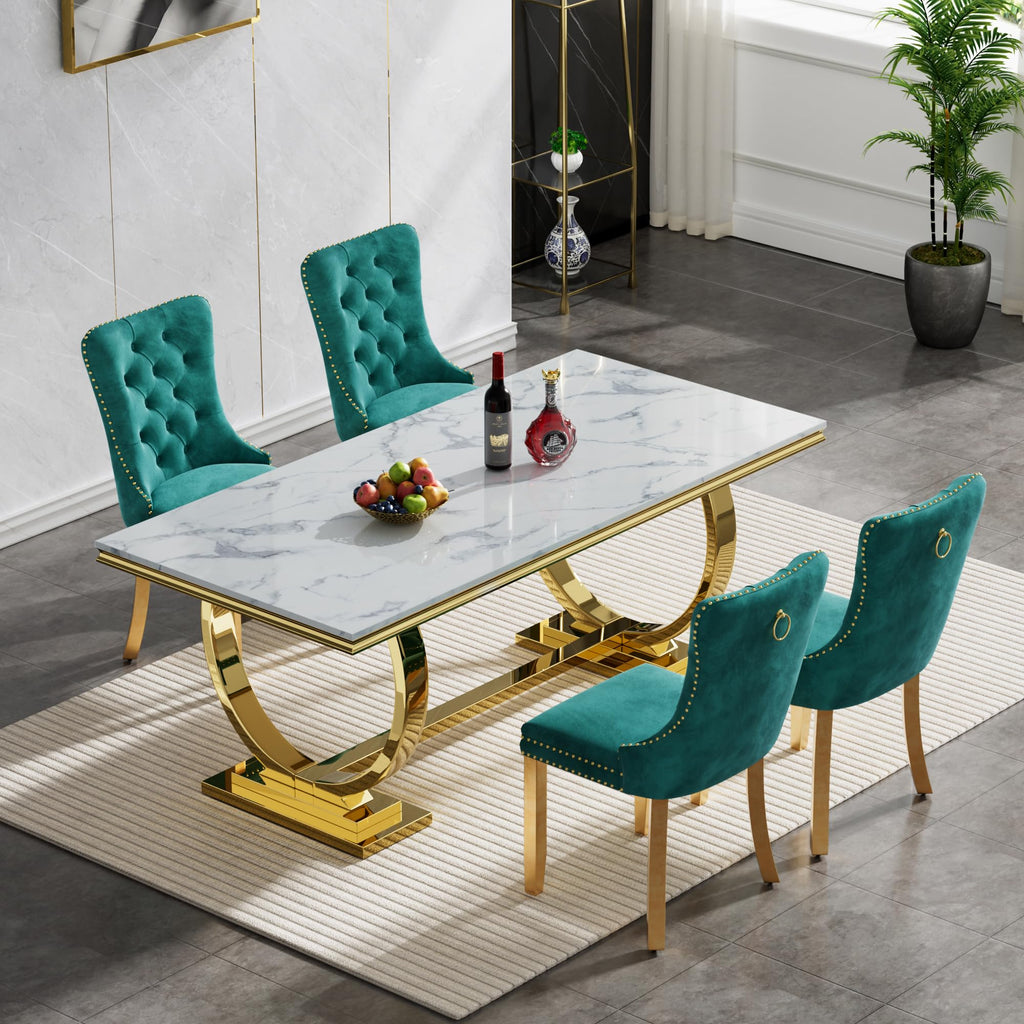 5 Piece Marble Dining Table Set, Modern Gold Kitchen Dining Room Table Set for 4, Luxury 68" White Marble Dining