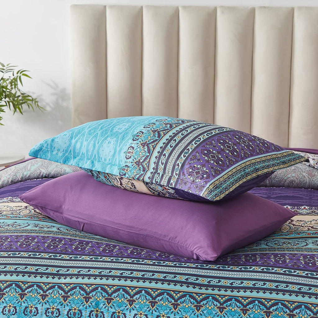 Boho Comforter Set 8 Piece Bed in a Bag Bohemian Striped Bedding Quilt Set Aqua Paisley Floral