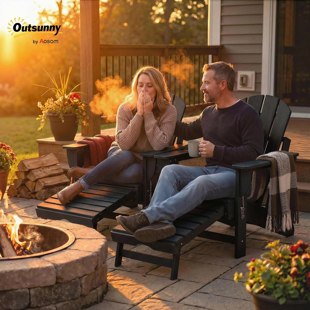 Folding Adirondack Chair Set of 2 with Retractable Ottoman Black | Outdoor HDPE Fire Pit Chair, Cup Holder, Large