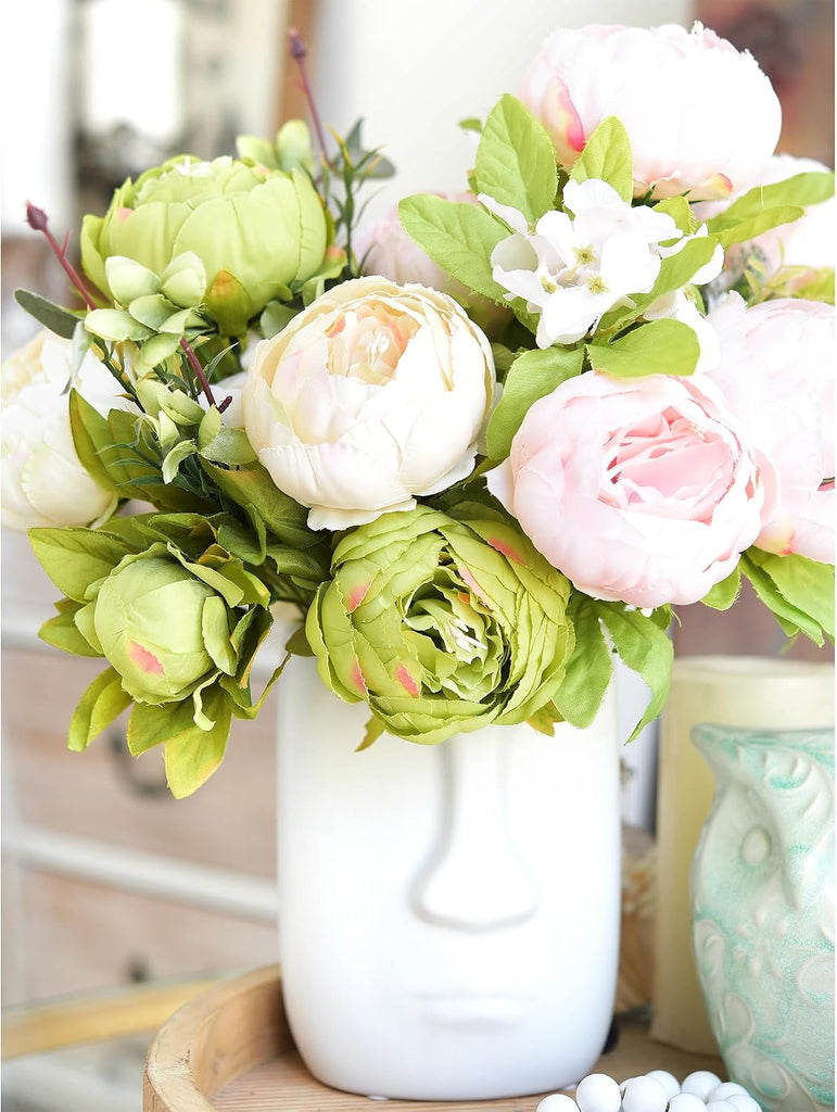 Artificial Peony Bouquets, 2 Cream Beige & Moss Green Silk Flower Bundles for Wedding Centerpieces & Home Decor