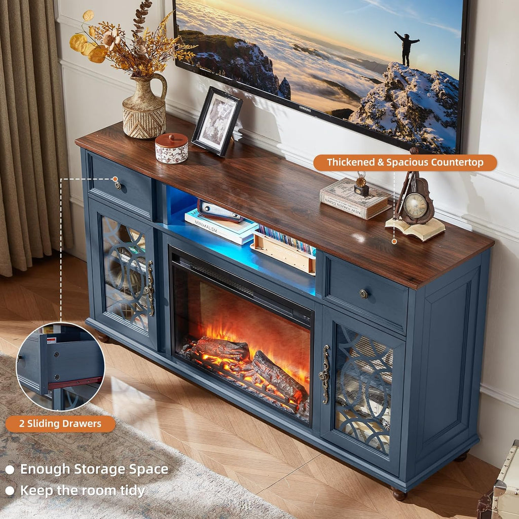 59 Inch Farmhouse Fireplace TV Stand with Electric Fireplace, LED Lights, Glass Door Media Console with Drawers for TVs up to 65 Inches, Blue