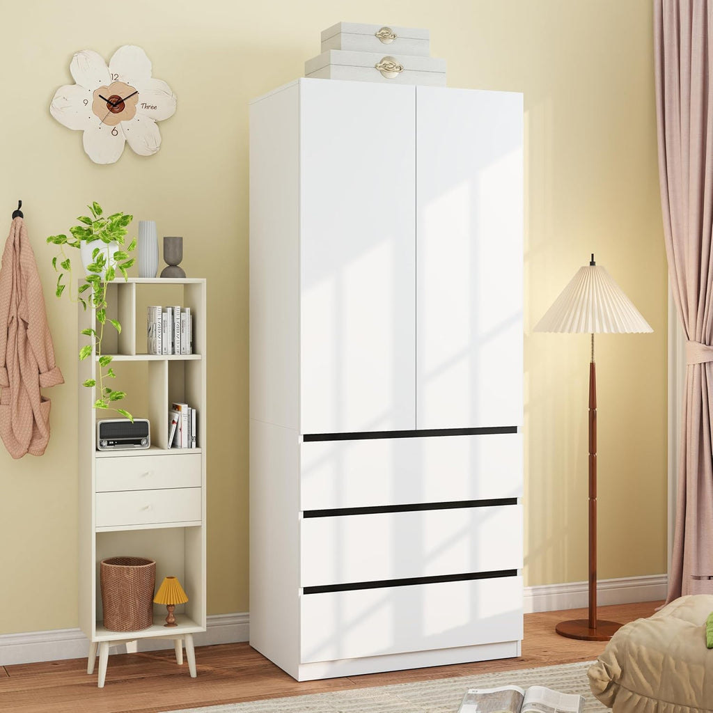 Armoire Wardrobe Closet with Drawers:75" Large White Wardrobe Closet Cabinet with 2 Doors for Hanging Clothes, Modern