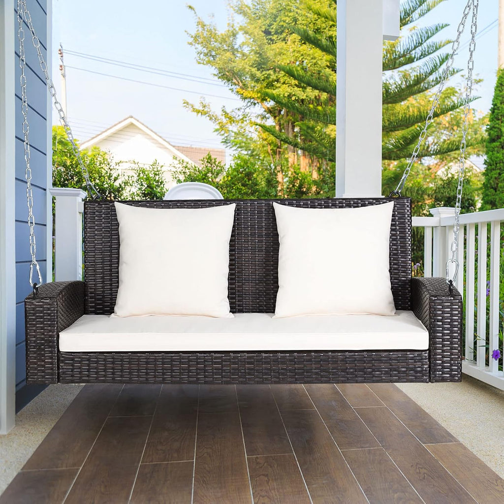 2-Person Wicker Porch Swing, Patiojoy Outdoor Rattan Hanging Swing Bench W/ 2 Back Cushions & 1 Seat Cushion, Sturdy
