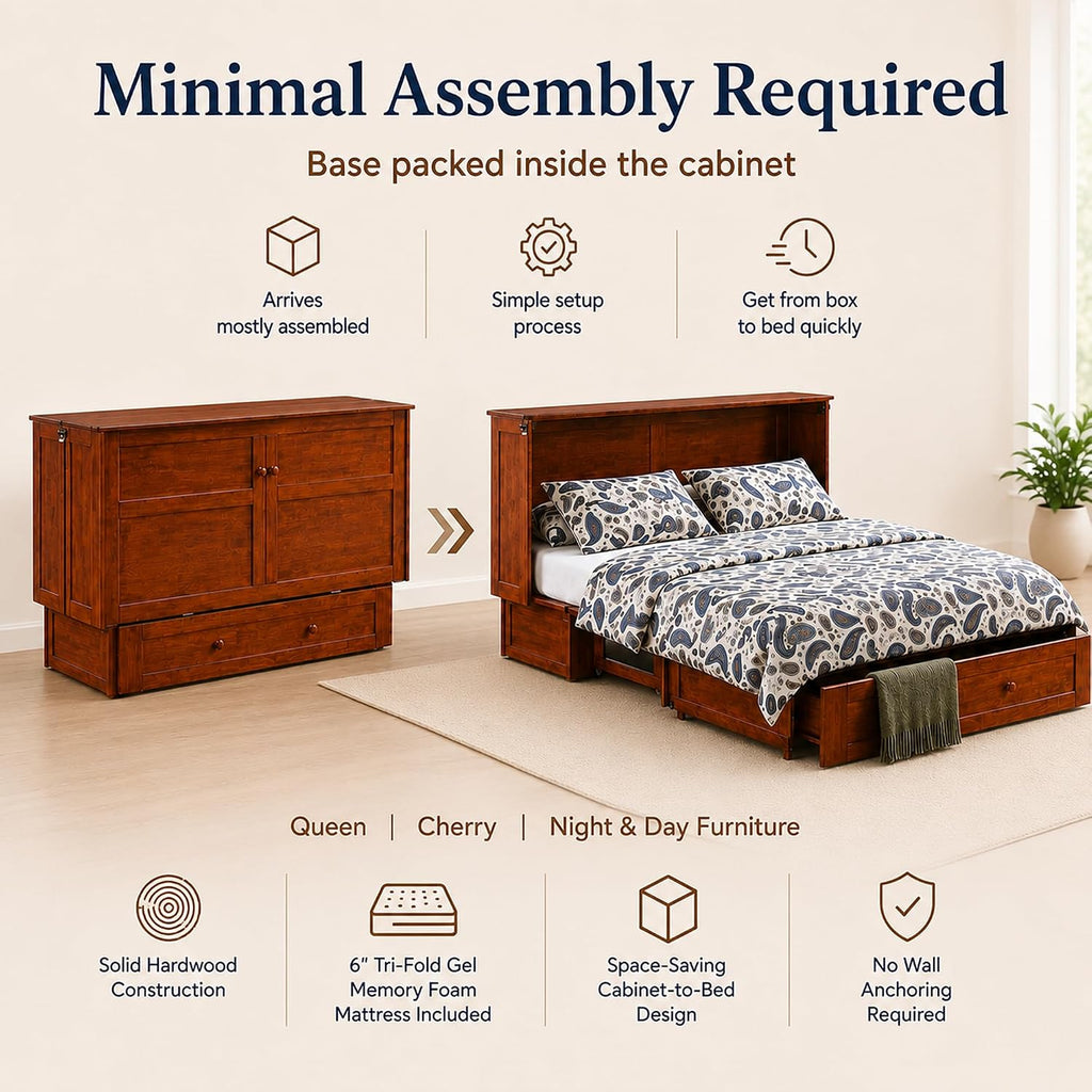 Murphy Cabinet Bed with Mattress, Cherry, Queen