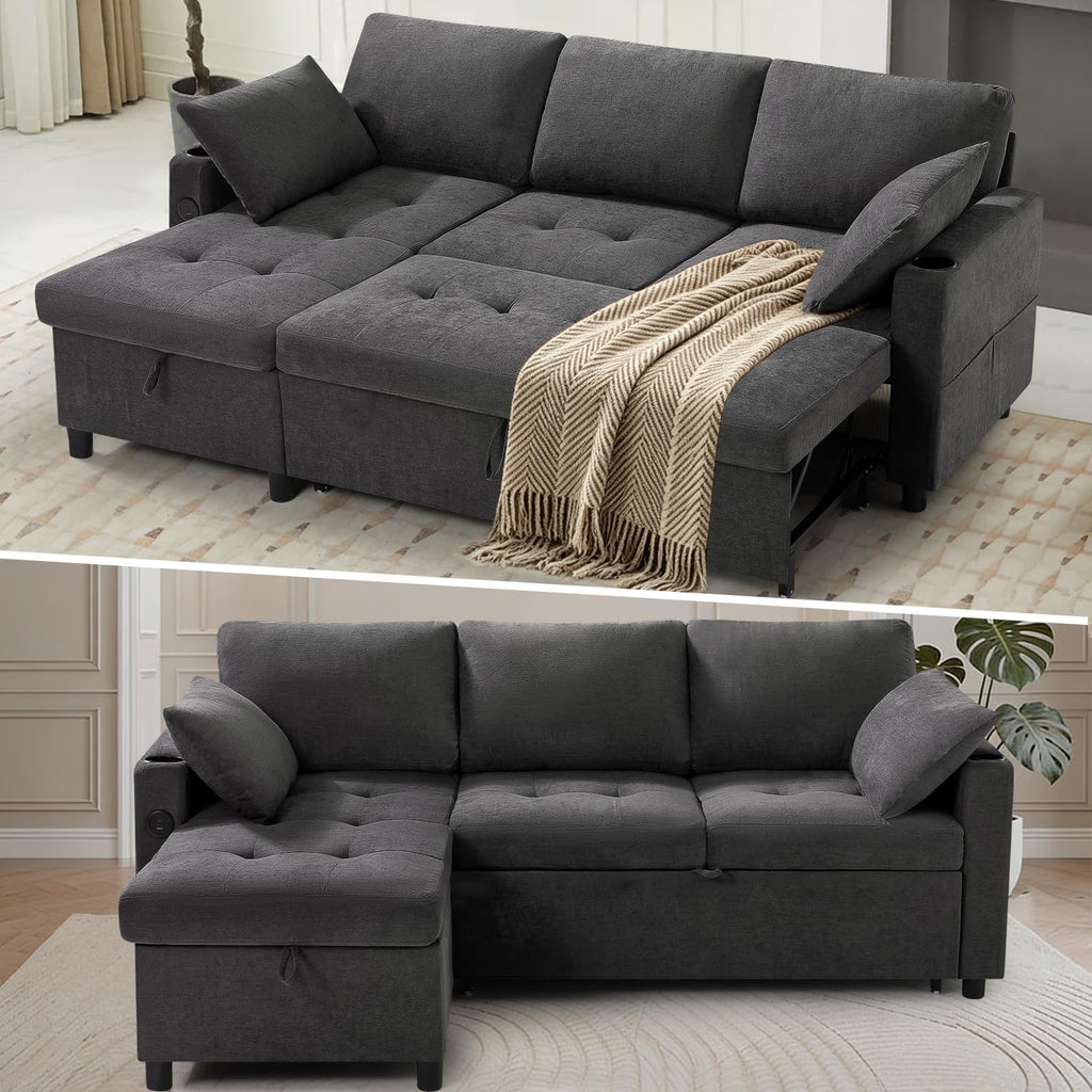 84" Sectional Pull Out Sofa Bed with Adjustable Backrests, Grey