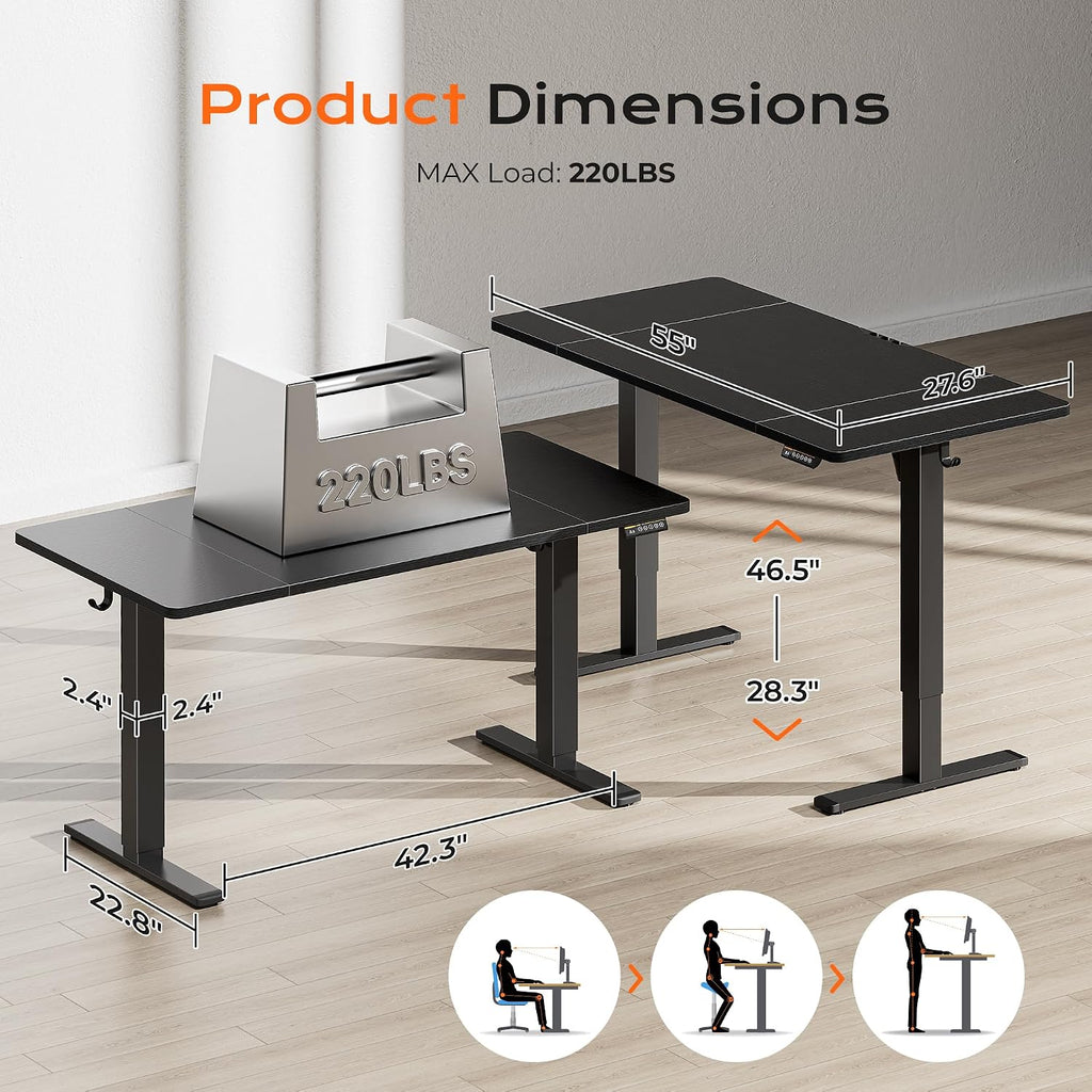 55 x 28 Large Electric Standing Desk, Height Adjustable Computer Desk, 27.6" Deep Desktop, Stand up Gaming Office