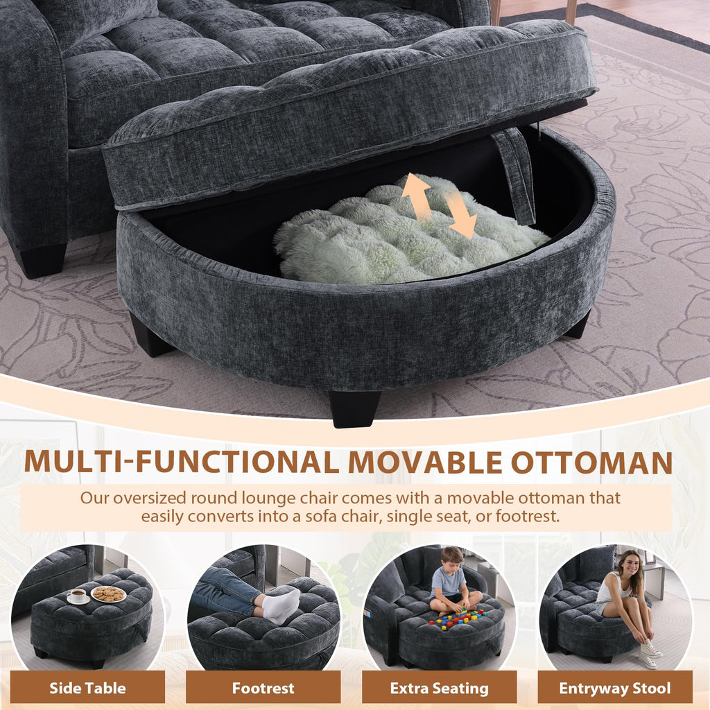Oversized Chaise Lounge Chair Indoor with Curved Ottoman, Black