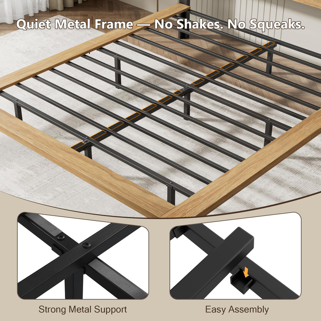 Queen Floating Wooden Bed Frame with LED Lights, Extra-Wide Side Rails & Charging Station, Queen Bed Frame with Storage