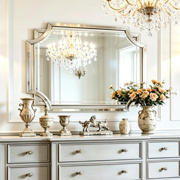 32" x 47" Large Wall Mirror Decor, Modern Unique Decorative Mirror with Beveled Glass Scalloped Corner, Horizontal or
