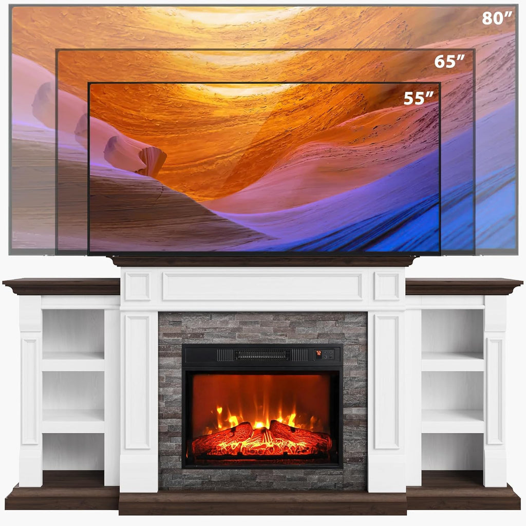 72" Electric Fireplace with Mantel and Cabinets, Fireplace TV Stand for Living Room Bedroom, Stacked Stone Surround
