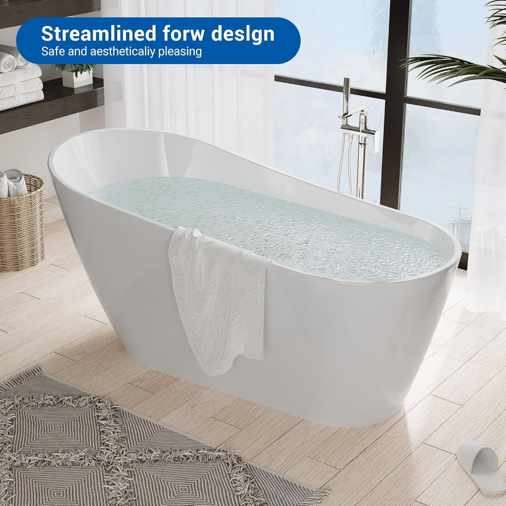 59 Inch Acrylic Freestanding Bathtub, Deep Soaking Tub with Non-Slip Base, CUPC Certified Free Standing Tub, Chrome
