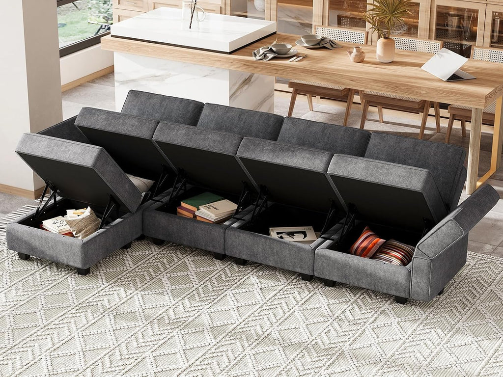 Modular Sectional Sofa with Chaise Convertible L Shaped Couch with Sotrage Ottoman. Dark Grey Couch