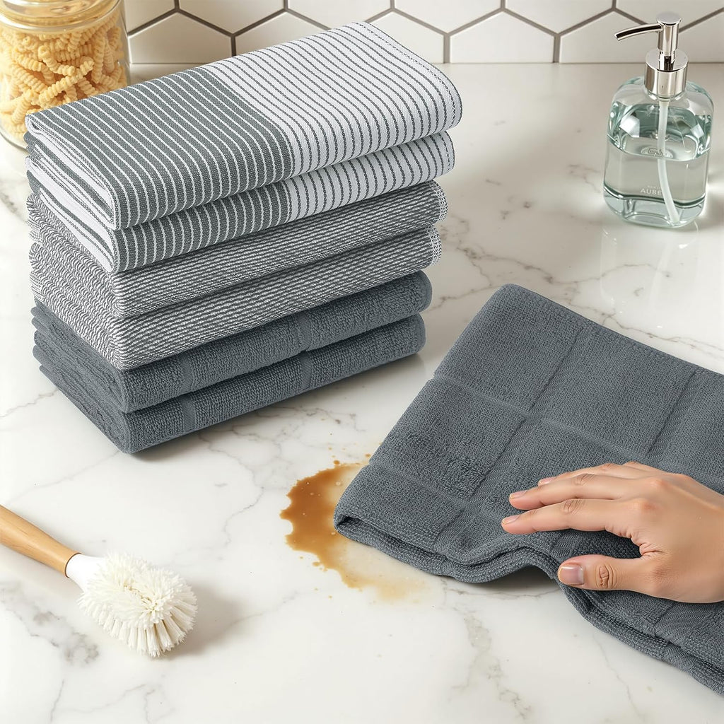 6 Pack Cotton Terry Premium Kitchen Towels, 18 x 28 in, Grey | Large 380 GSM Dish Towels, Highly Absorben Flat &