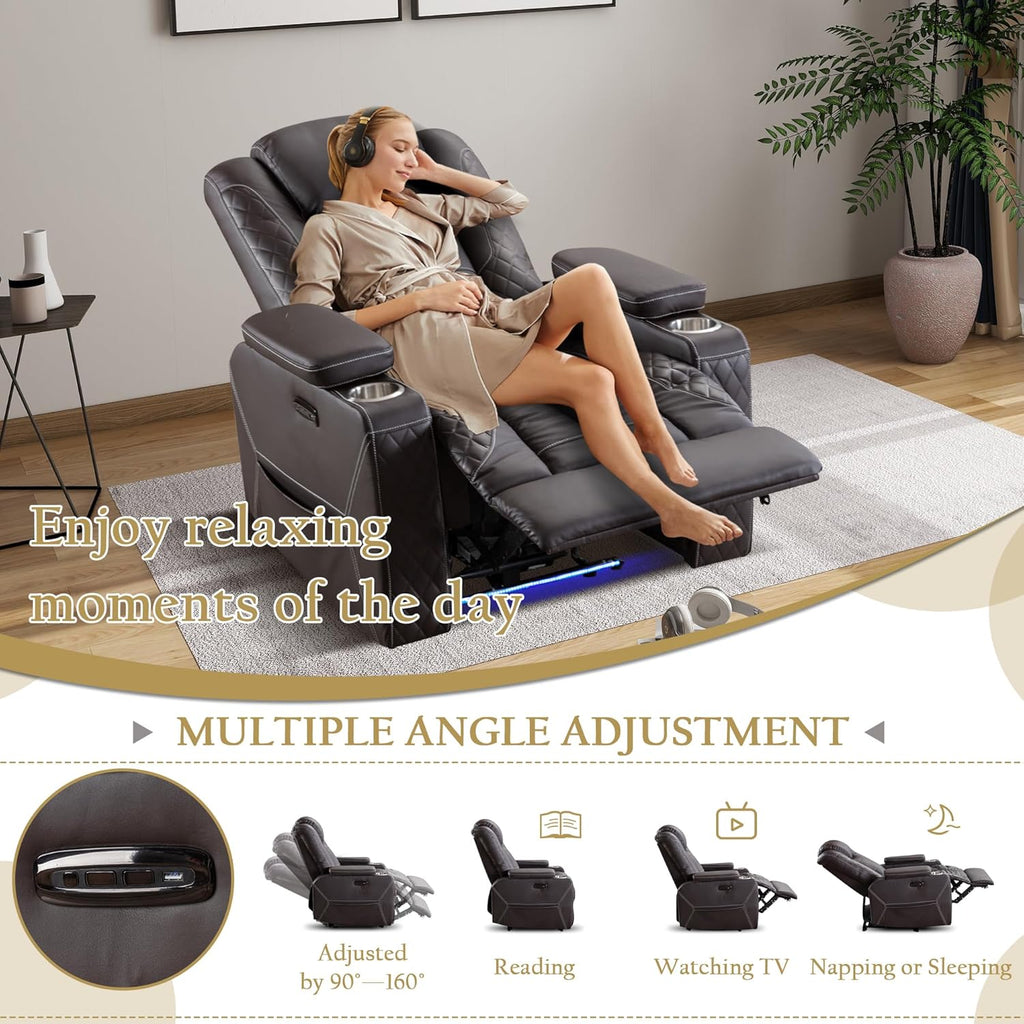 Home Theater Recliner Chair - Power Recliner Sofa Chair with Adjustable Headrest Faux Leather Reclining Chair