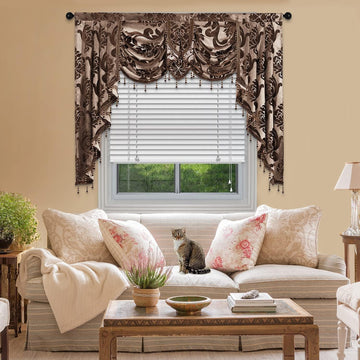 Window Valances, Jacquard Damask Luxury Valance Curtains for Windows, Chocolate Brown Rod Pocket Waterfall Valance