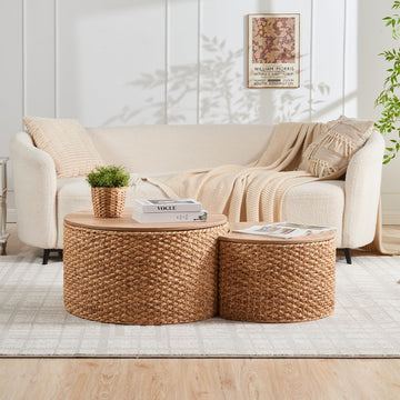 Round Nesting Coffee Table Set of 2 with Storage - Handwoven Wicker Rattan Ottoman Style, Boho Coastal Coffee Tables