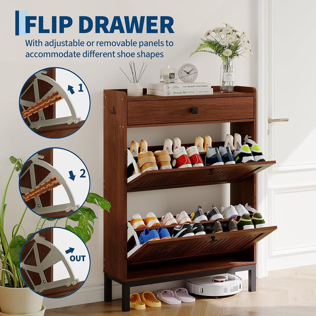 Shoe Cabinet with 2 Flip Drawers and 1 Large Drawer, Wooden Shoe Organizer Cabinet with Adjustable Shelf, Shoe