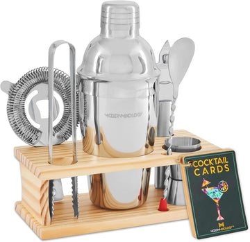 Cocktail Shaker Set - Bartender Kit with Pine Stand | Leak-Proof Design | Includes Martini Shaker, Jigger, Strainer