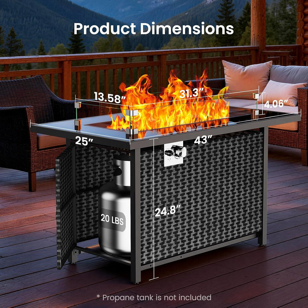 43′′ Propane Fire Pit with Glass Wind Guard, CSA-Listed 60,000 BTU Outdoor Gas Fire Pit Table, Tempered Glass Top