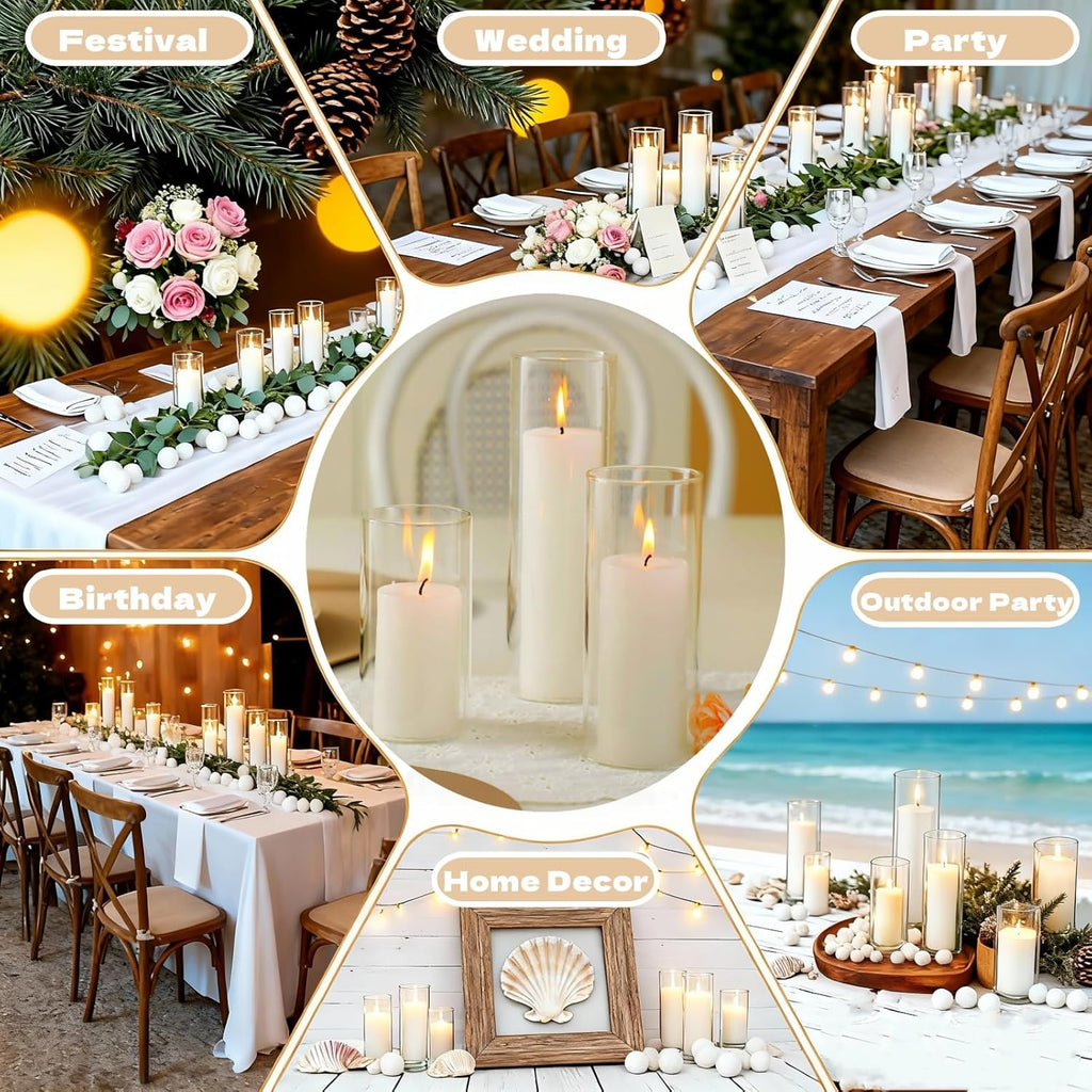 24 PCS White Pillar Candles with Glass Cylinder Vases Hurricane Glass Candle Holders for Pillar Candles Cylinder