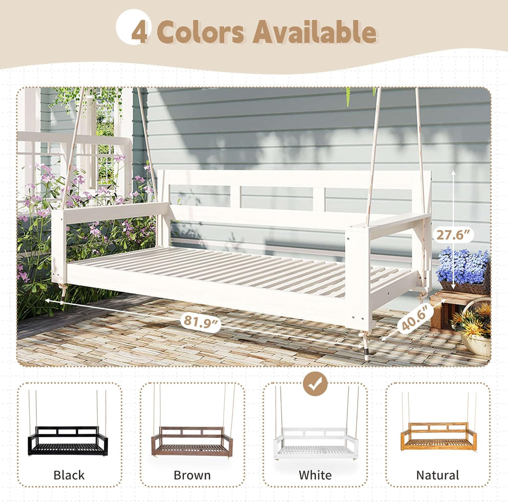 Twin Size Wooden Porch Swing Bed with 4 Heavy Duty Ropes, Outdoor Hanging Daybed Swing Bench Backyard Garden, Acacia