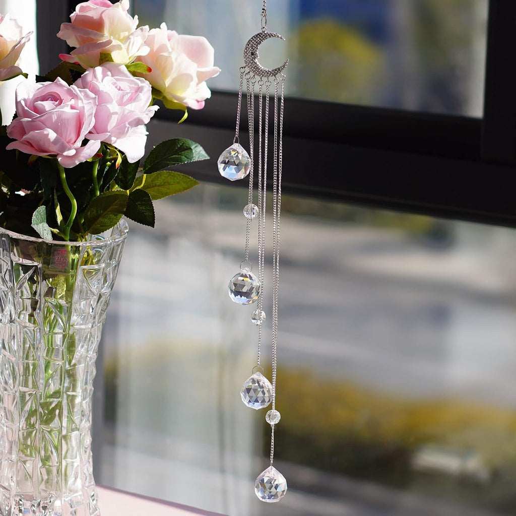 Crystal Suncatcher Window Hanging Moon Prism Rainbow Ornament - 20.5 inch crystal prism beads, moon decor