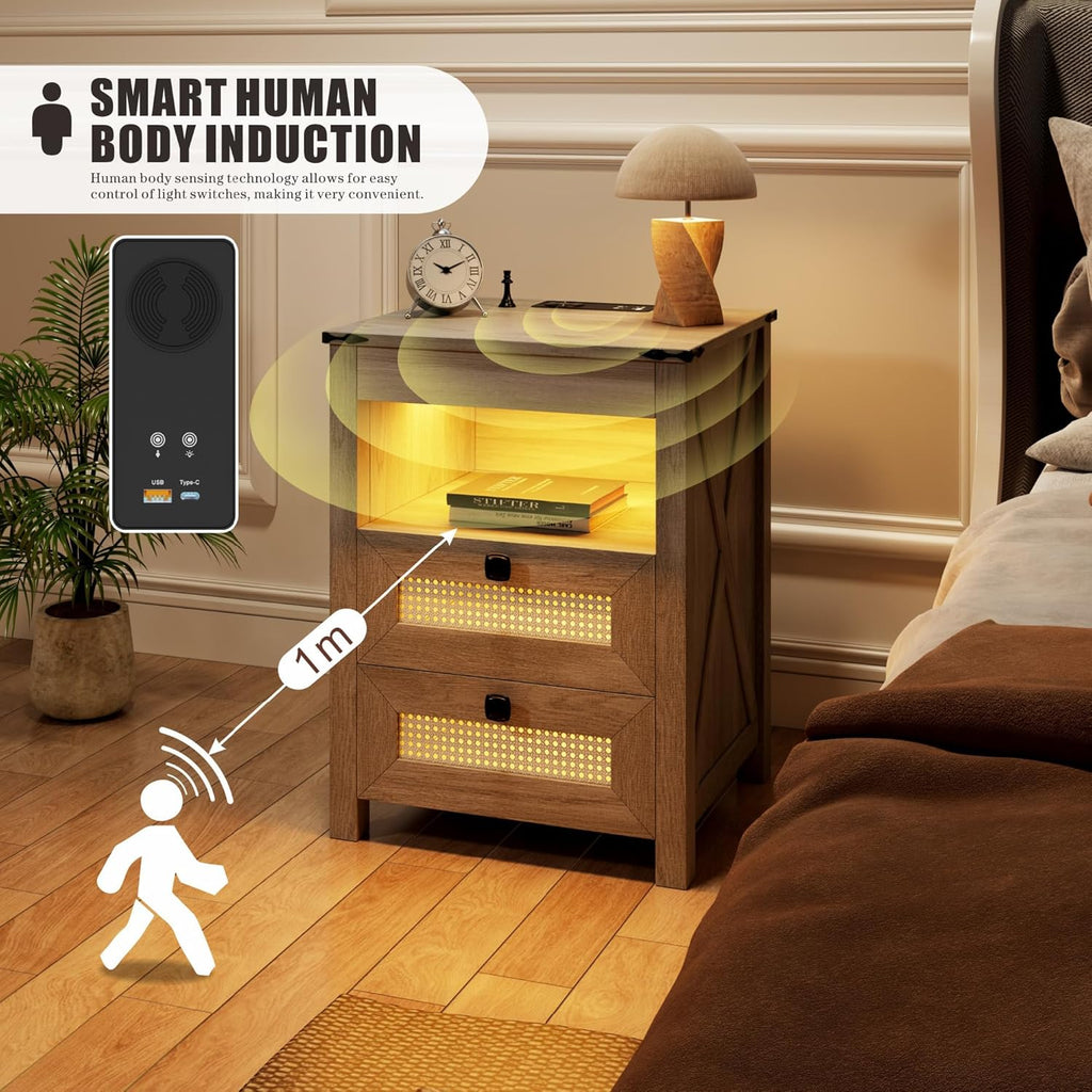 LED Bedside Table Set of 2 with Charging Station | Night Stand with Gun Drawers, LED Human Sensor Light, Farmhouse