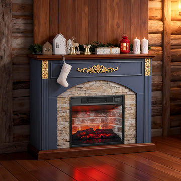 44" Electric Fireplace with Mantel, Stacked Stone Surround, 23 Inch Red Brick Insert Heater, Blue Fireplace Cabinet