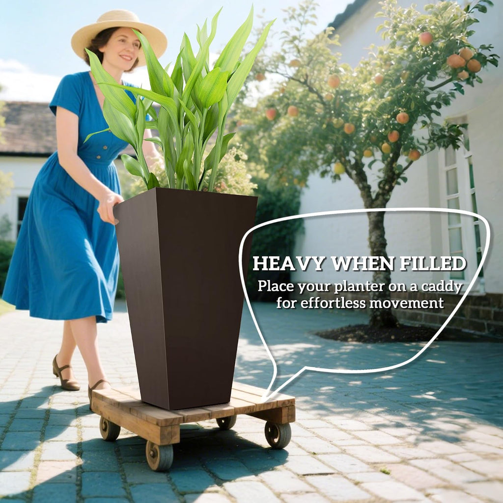 28 in Tall Planters for Outdoor Plants, Set of 3, Brown | Drainage Holes, Taper Indoor Grande Plant Pots, Front Porch