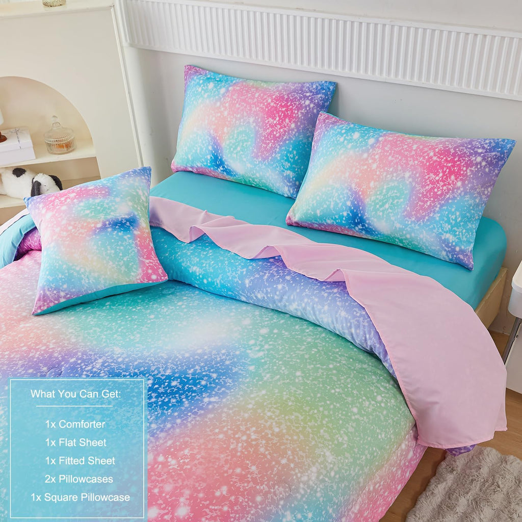 Pink Green Girls Comforter Set, 6 Pieces Colorful Rainbow Kids Bedding Sets, Tie Dye Ombre Glitter Bed in A Bag