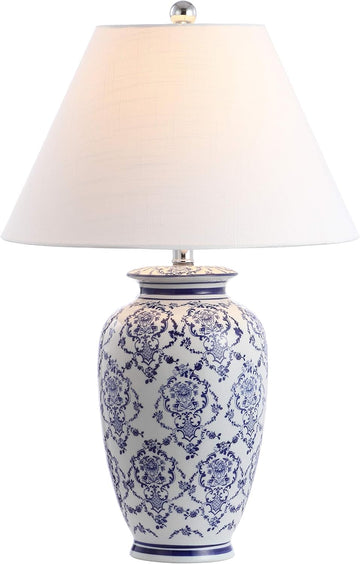26.25" Blue/White Chinoiserie Ceramic Table Lamp, Traditional Asian-Inspired Urn Lamp Bedroom, White