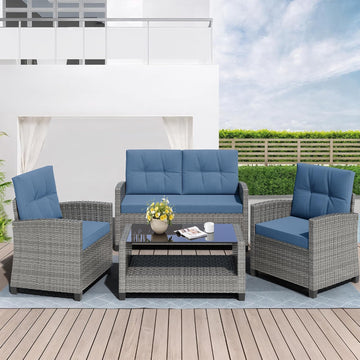 4 Piece Patio Furniture Set, Outdoor Rattan Conversation Set with Coffee Table, Outside Wicker Sectional Sofa Couch